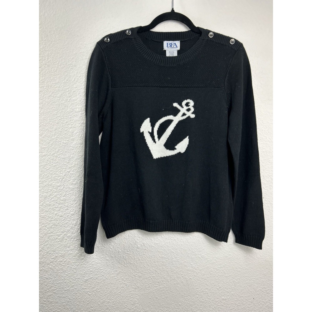 BFA Classics Sweater Womens Size S Black Long Sleeve Anchor Coastal Preppy